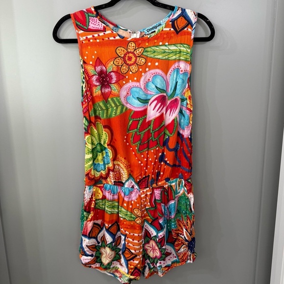 Desigual Romper Multi Color Floral Sz 4 Mandarin Orange Sleeveless Romper - Picture 2 of 6